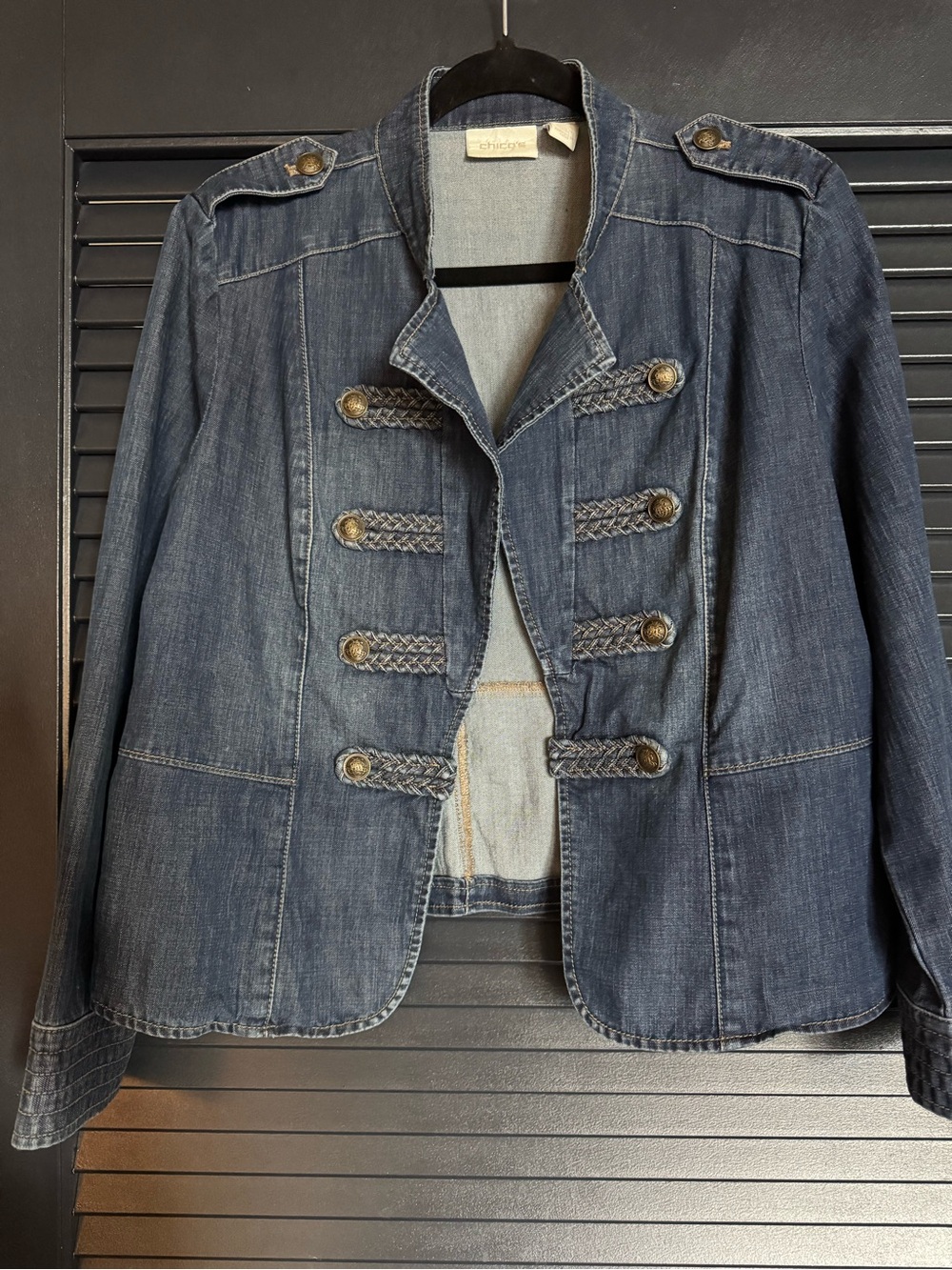 Chico’s Blue Denim Military Jacket Braided Trim Gold Buttons Size 2